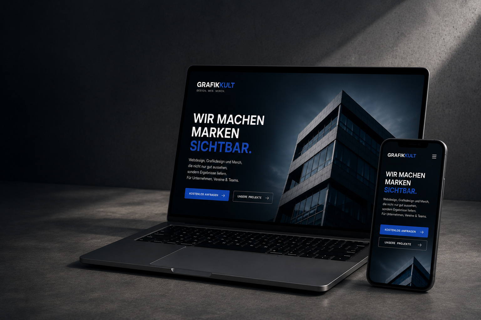 Grafikkult Webdesign und CrewMerch Vorschau auf Laptop und Smartphone