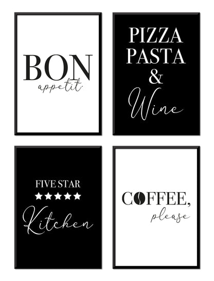 Grafikkult® kitchen decoration poster set | Black and White Kitchen Wall Art | Kitchen Pictures Modern | Picture set minimalist for dining room | Printed on both sides without a picture frame