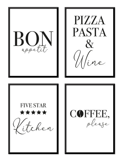 Grafikkult® kitchen decoration poster set | Black and White Kitchen Wall Art | Kitchen Pictures Modern | Picture set minimalist for dining room | Printed on both sides without a picture frame