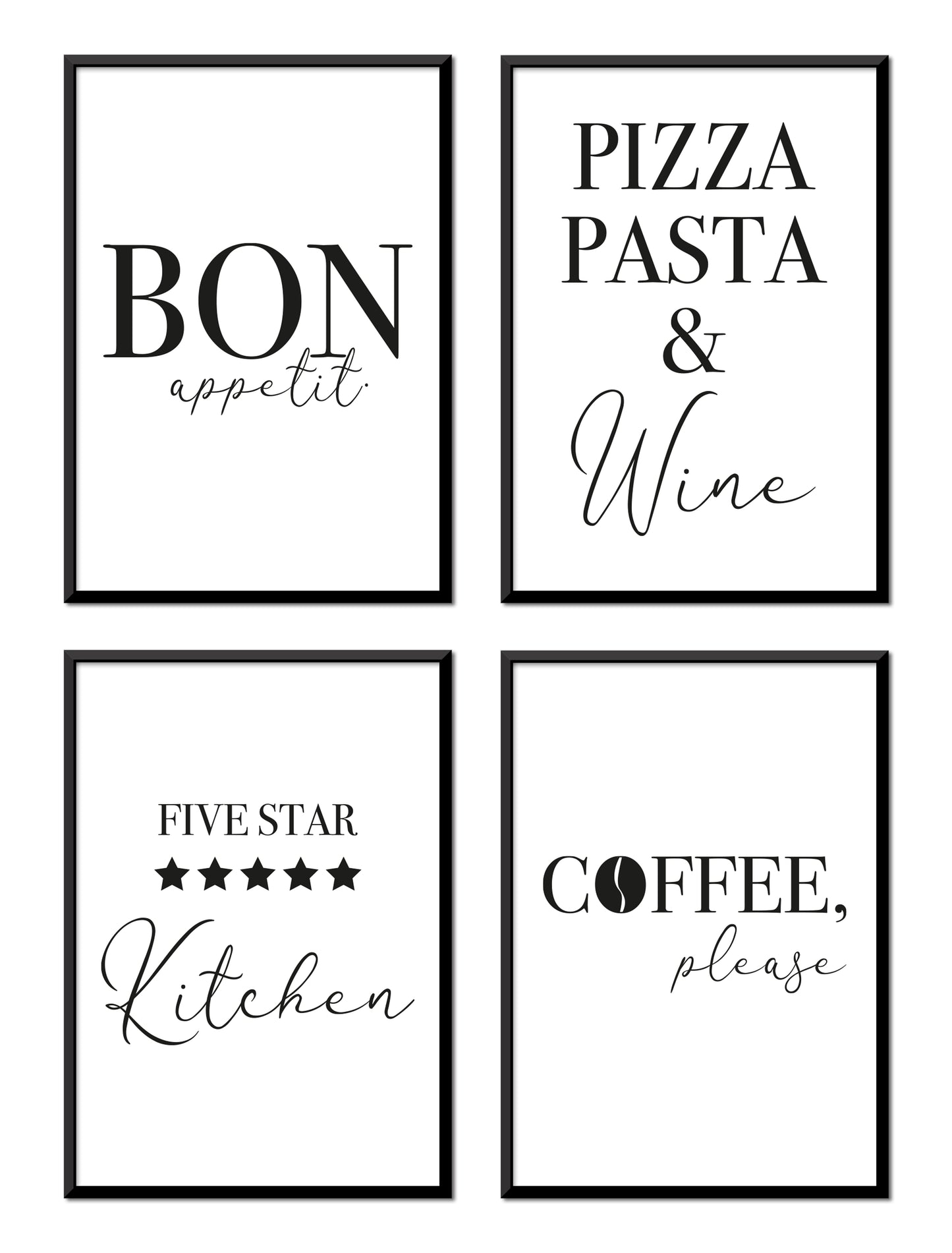 Grafikkult® kitchen decoration poster set | Black and White Kitchen Wall Art | Kitchen Pictures Modern | Picture set minimalist for dining room | Printed on both sides without a picture frame