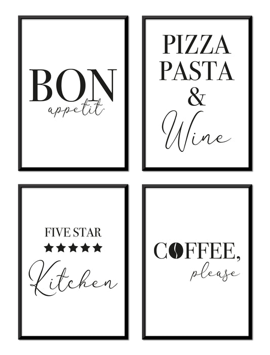 Grafikkult® kitchen decoration poster set | Black and White Kitchen Wall Art | Kitchen Pictures Modern | Picture set minimalist for dining room | Printed on both sides without a picture frame