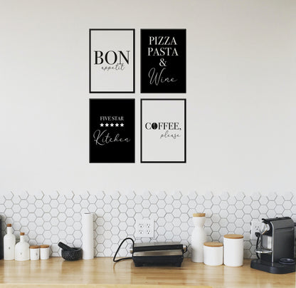 Grafikkult® kitchen decoration poster set | Black and White Kitchen Wall Art | Kitchen Pictures Modern | Picture set minimalist for dining room | Printed on both sides without a picture frame